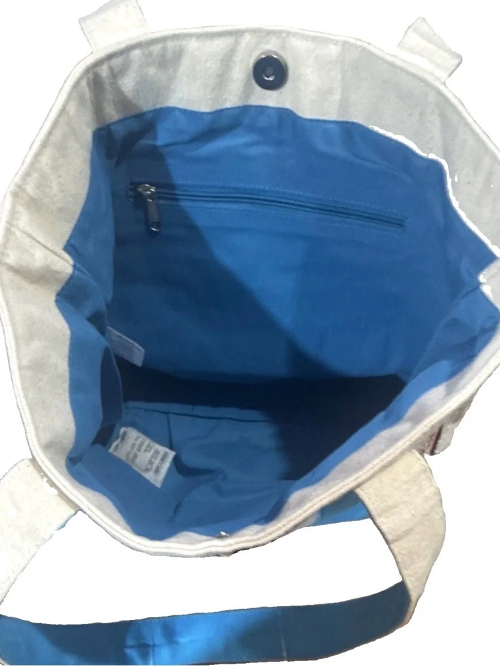 Canvas Tote Bag with Blue Handles and Embroidered Fish